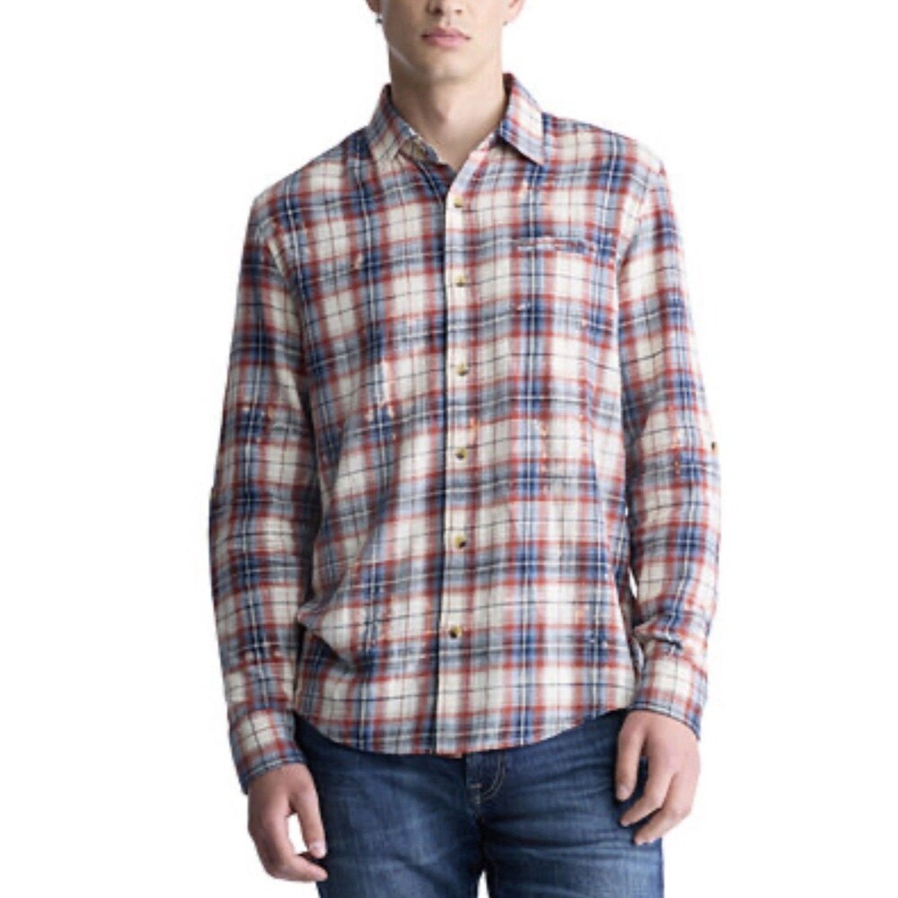 Buffalo Simbio Button Up Down Flannel Shirt Mens Large Distressed Plaid Grunge